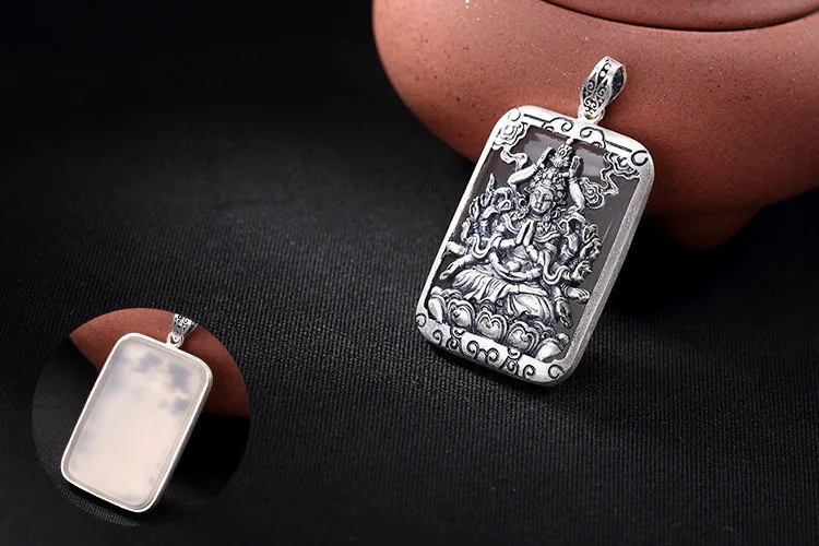 Uglyless Настоящее серебро 999 ювелирные украшения унисекс Avalokitesvara Будда Кулон без цепи ручной работы квадратный халцедон Bijoux