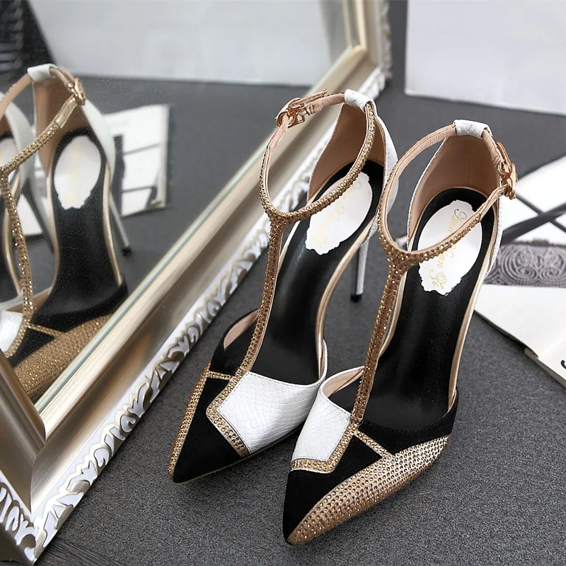 

2017 summer new pointed high heeled shoes Rhinestone sandals Fashion spell color t-strap sandals Leather woman shoes pumps