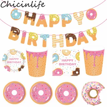 

Chicinlife Doughnut Happy Birthday Banner Foil Balloon Disposable Tableware Sets Paper Cup Plates Donut Birthday Party Supplies