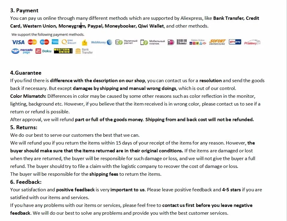 Payment&Guarantee&Returns&Feedback
