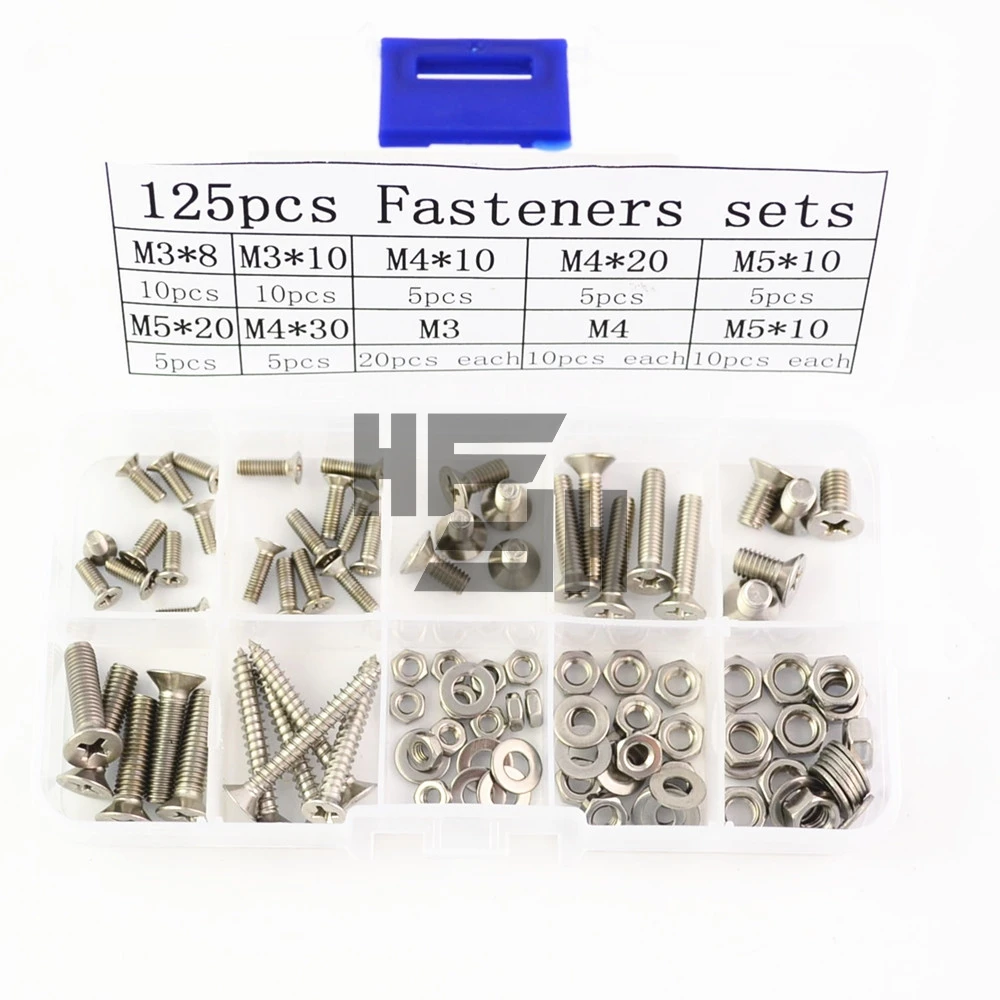 

Free Shipping 125pcs 304 Fasteners stainless steel wood screws box flat head screw with nut washer M3M4M5 DIY kit