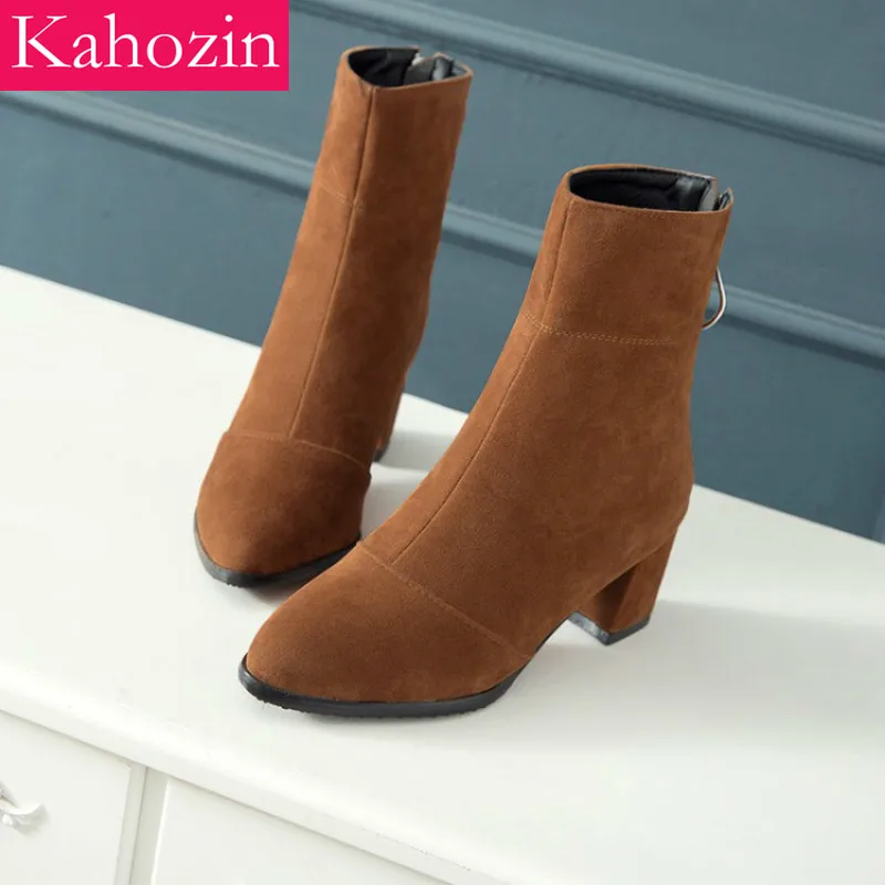 

Kahozin High Heel Ankle Boot Spring/autumn Faux Suede Slim Zip Rough Heel Pointed Toe Brown Comfortable Shoes WomanFashion 2019