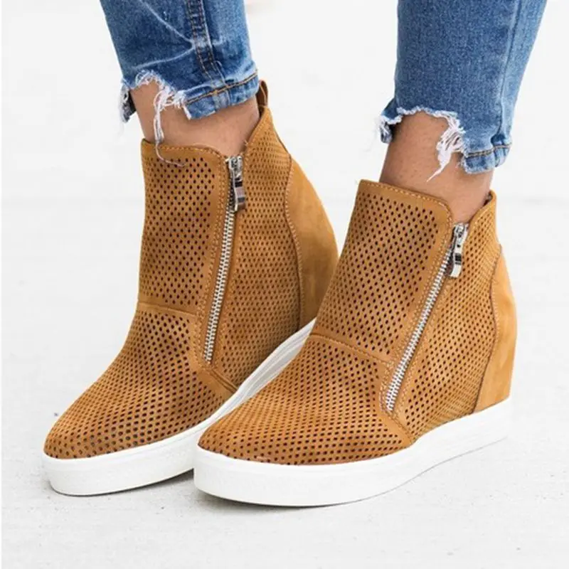 

PUIMENTIUA Plus Size Women Casual Spring Flat Platform Wedge Shoes Female Hollow Out Zipper Vulcanized Shoes Ladies Leisure