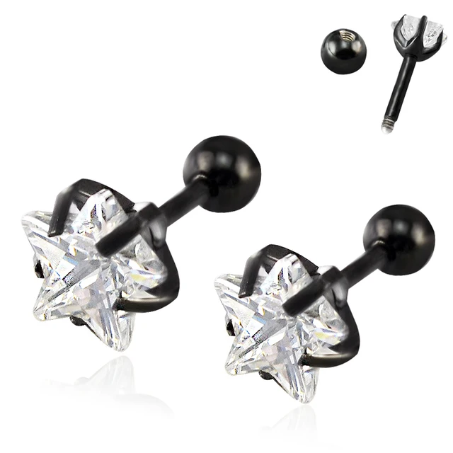 Surgical Steel With Crystal Stud Earrings Five Pointed Shape Cut Cubic