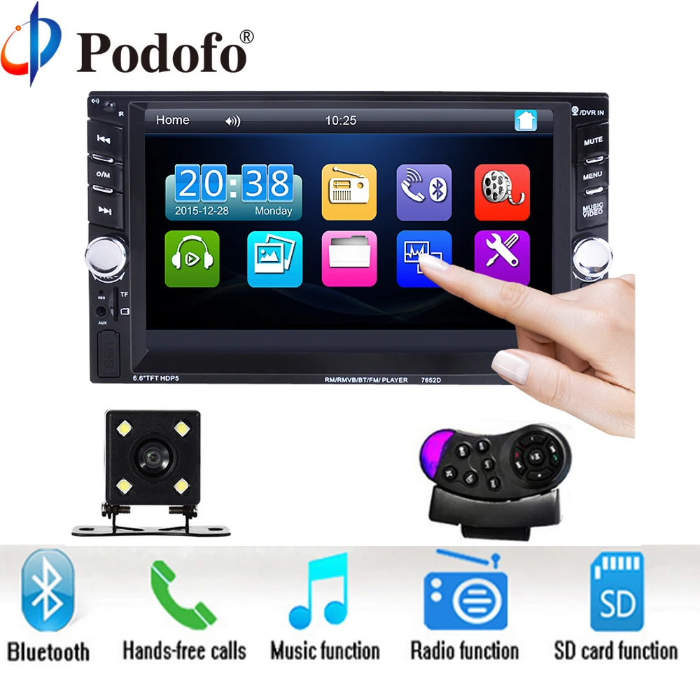 

Podofo 2 Din 6.6" LCD Touch screen Car audio 12v auto radio player with bluetooth hands free rear view camera autoradio Stereo