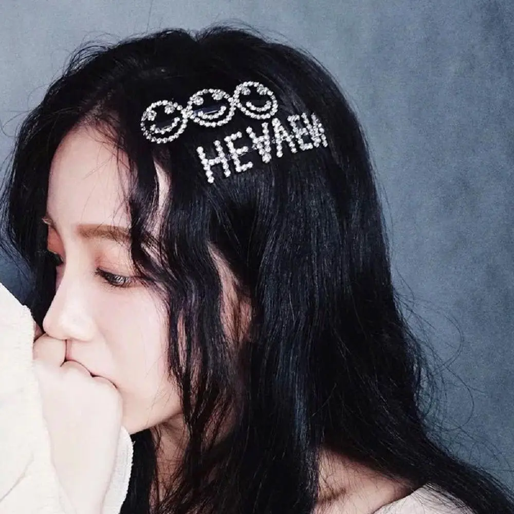 

2019 Fashion Crystal Hairpin Shiny Rhinestones Smile Face Letters Hair Clips Hair Accessories for Women Girls
