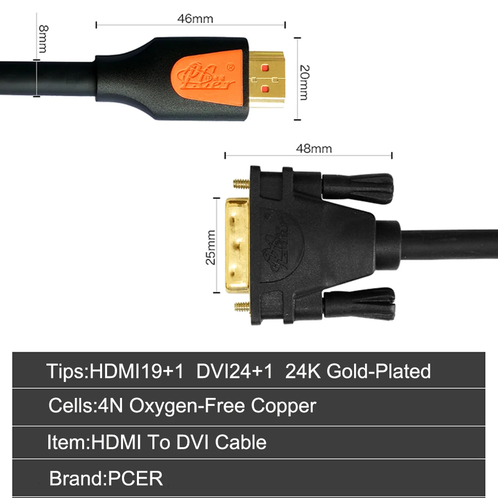 PCER HDMI-DVI Кабель-Кабель HDMI аудио-видео кабель DVI HDMI штекер-Мужской кабель для ПК монитор HDTV проектор DVI24+ 1 штекер