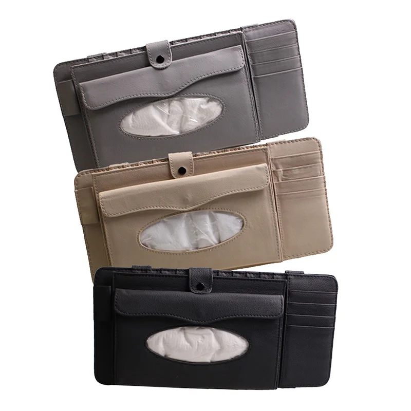 RACAHOO 3 in 1 Leather CD Case Car DVD Sun Visor Box With Tissue Storage Organizer For Glasses Folder Business Card Holder Bag7