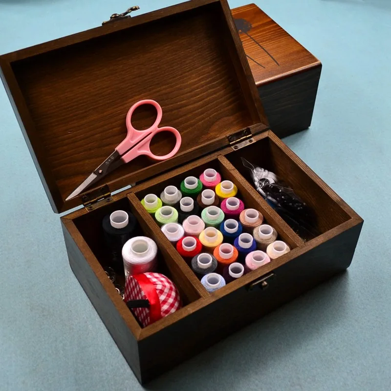 

1Pack Sewing Set Sewing Kit Wooden Box Treasure Household Sewing Thread Multifunction Portable 24Threads 13Tools Box21*13*9cm