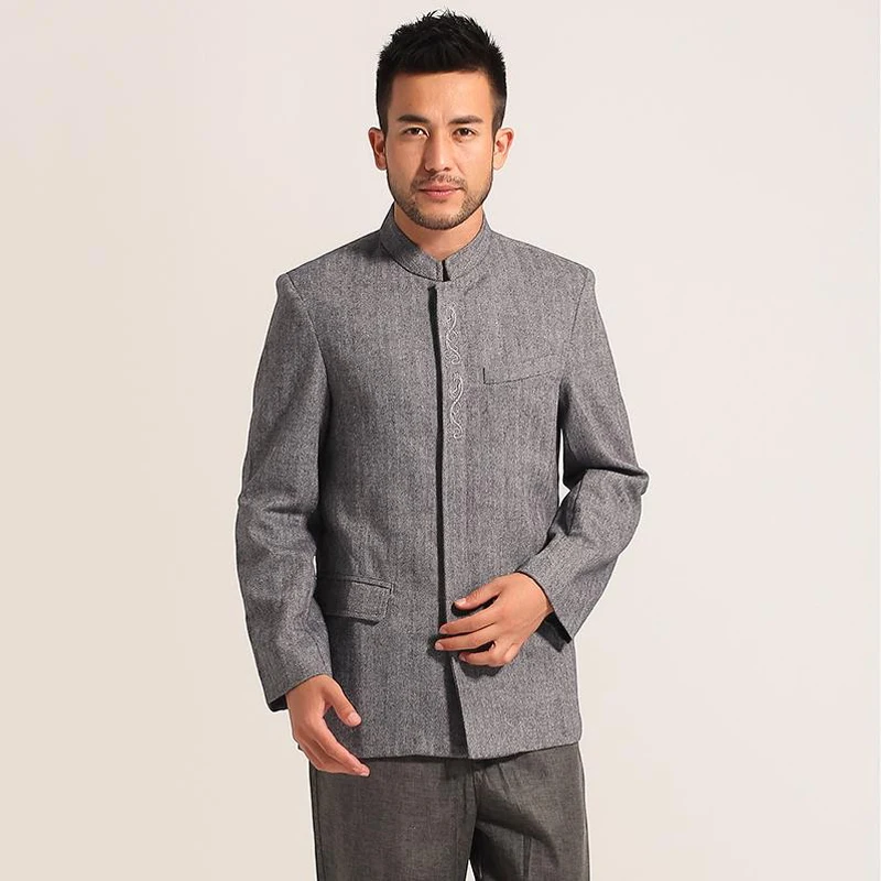 Hot Sale Gray Men's Chinese Tunic Suit Top Winter Thick Wool Jacket Embroidery Dragon Kung Fu Coat M L XL XXL XXXL MN01 | Мужская
