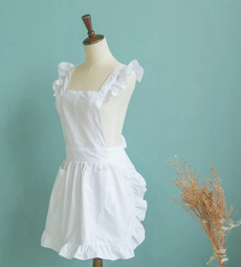 MagiDeal Victorian Style Japanese Style Elegant Victorian Pinafore Apron Maid Lace Smock Costume Ruffle Cute Pockets White