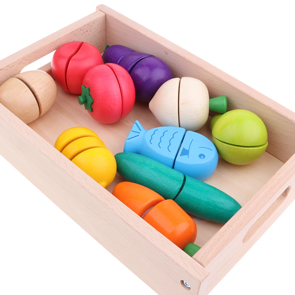 14pcs Wooden Simulation Sticky Fruits Vegetables Play Food Baby Preschool Kitchen Toys Role Pretend Playing Game
