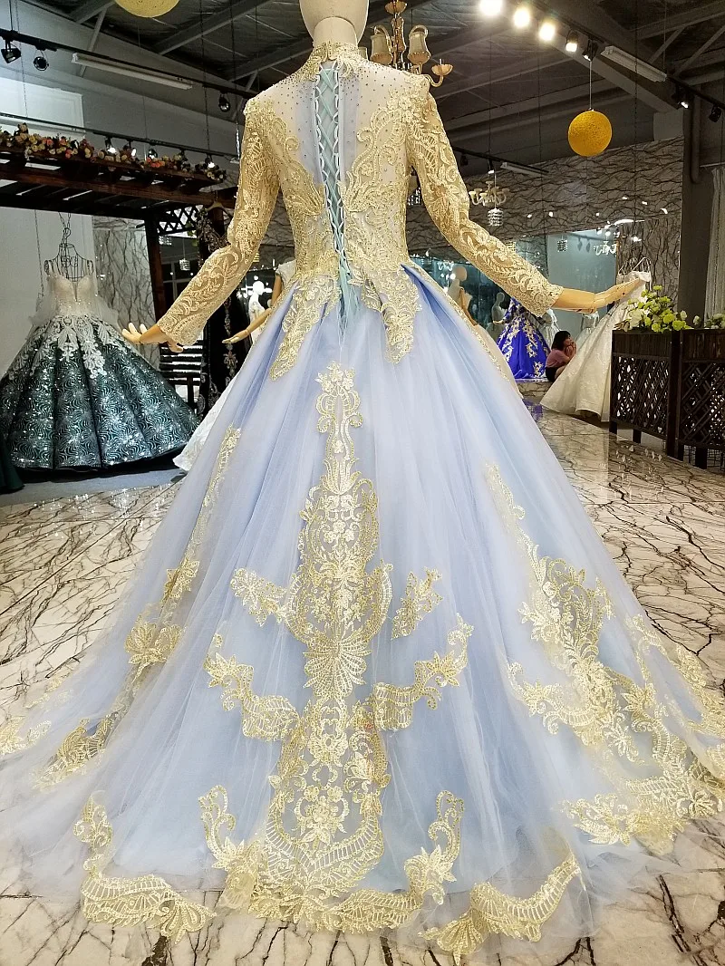 JaneVini роскошное Золотое кружевное мусульманский с длинным рукавом Формальное вечернее платье с высоким воротником украшенное бусинами платье на выпускной с блестками невесты платья подружки невесты
