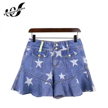 WNEEDYM Hot Fahion Denim Women’S Shorts Bell Bottom For Women Plus Size Feminino Stars Print Elastic Ripped Jeans Woman MY003