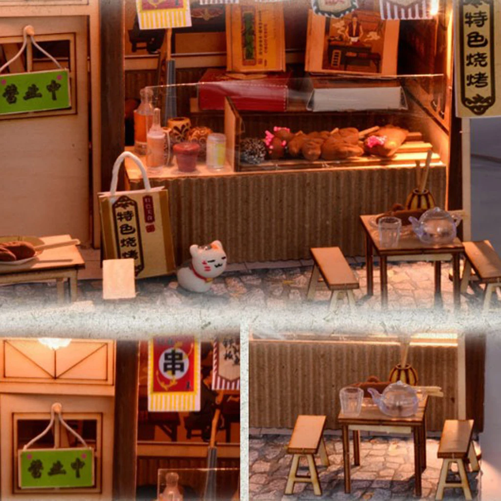 DIY Handcraft Miniature Project Wooden Dolls House Antique Barbecue Restaurant Model Home Display Ornaments