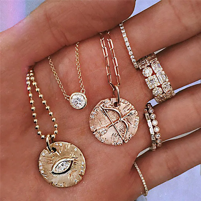 

DANZE Vintage CZ Eyes Gold Necklace For Women Chokers Cupid's Arrow Multi-layer Alloy Colars Coin Bohemia Necklace Dropshipping