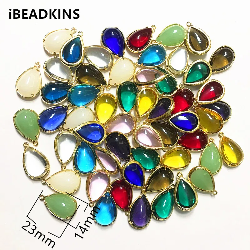 

New arrival! 23x14mm 50pcs/lot gold color Copper Material with glass drop-shape charm for Jewelry handmade DIY