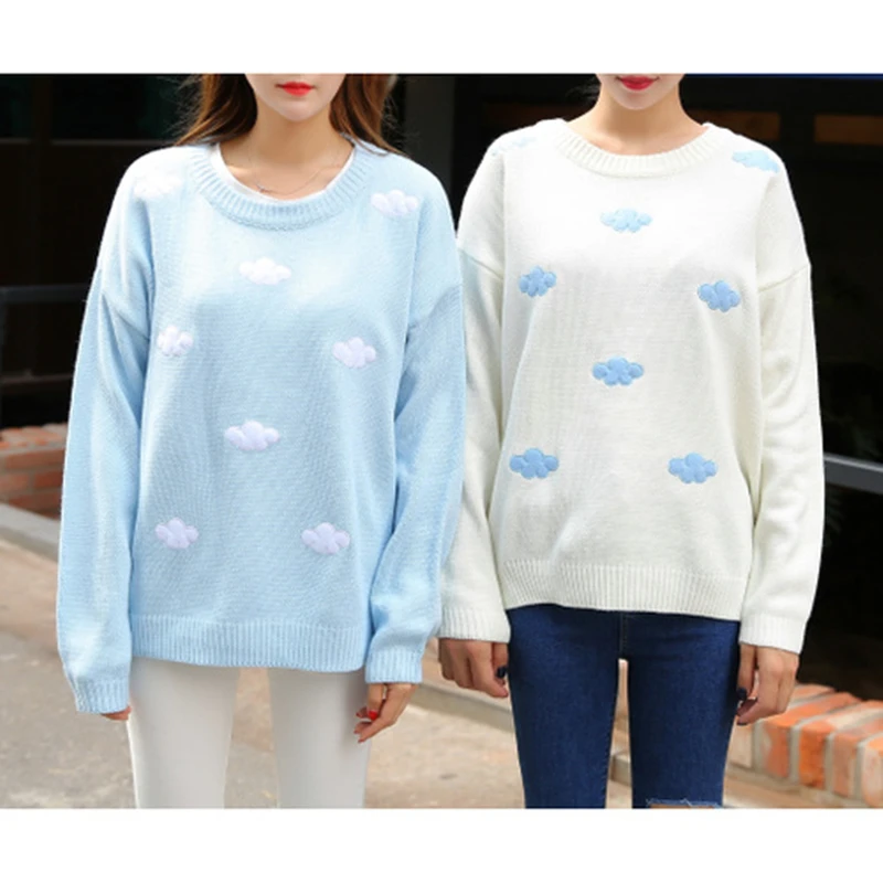 Kawaii Patch Knitted Sweater Women 2018 Winter Autumn Cute Clouds Women Sweaters And Pullovers Female Tricot Jumper Pull Femme