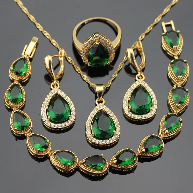 

Water Drop Gold Color Jewelry Sets For Women Green Stones CZ Bracelet Earrings Necklace Pendant Rings Free Gift Box
