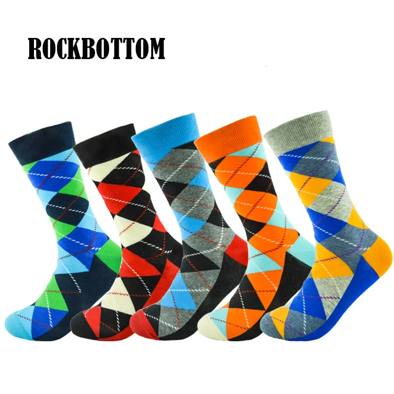 

5 pairs/lot multi color Men's Rhombus socks British Style Plaid Gradient Color brand elite long cotton men socks EU 41-47