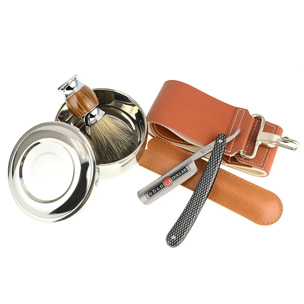 

ZY 5pcs/set Shaving Razor Gold Dollar Straight Razor+Leather Sharpening Strop+Badger Shaving Brush+Shave Soap Bowl For Man
