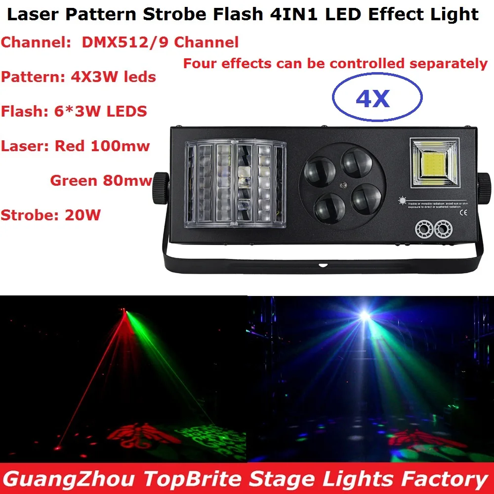 

4 Units Stage Strobe Lights Hi-Quality 6X3W Flash + 4X3W Patterns Professional Dj Effect Lights With 180MW RG Colors Lasers
