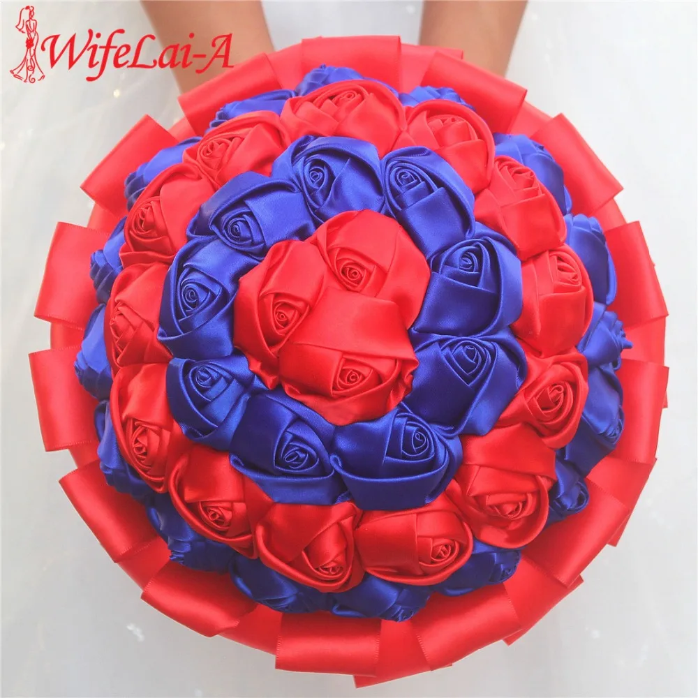 

Red with Royal Blue Simple Silk Bouquet Beatuiful Wedding Flowers Handmade Silk Rose Set From Factory Selling W2796