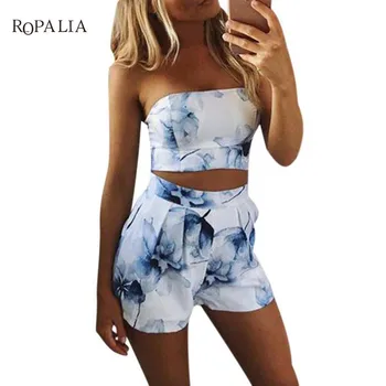 

2018 Sexy Women 2 Pcs Set Slash Neck Sleeveless Print Slim Suit Top T-shirt and Shorts Summer Sets Beach Club