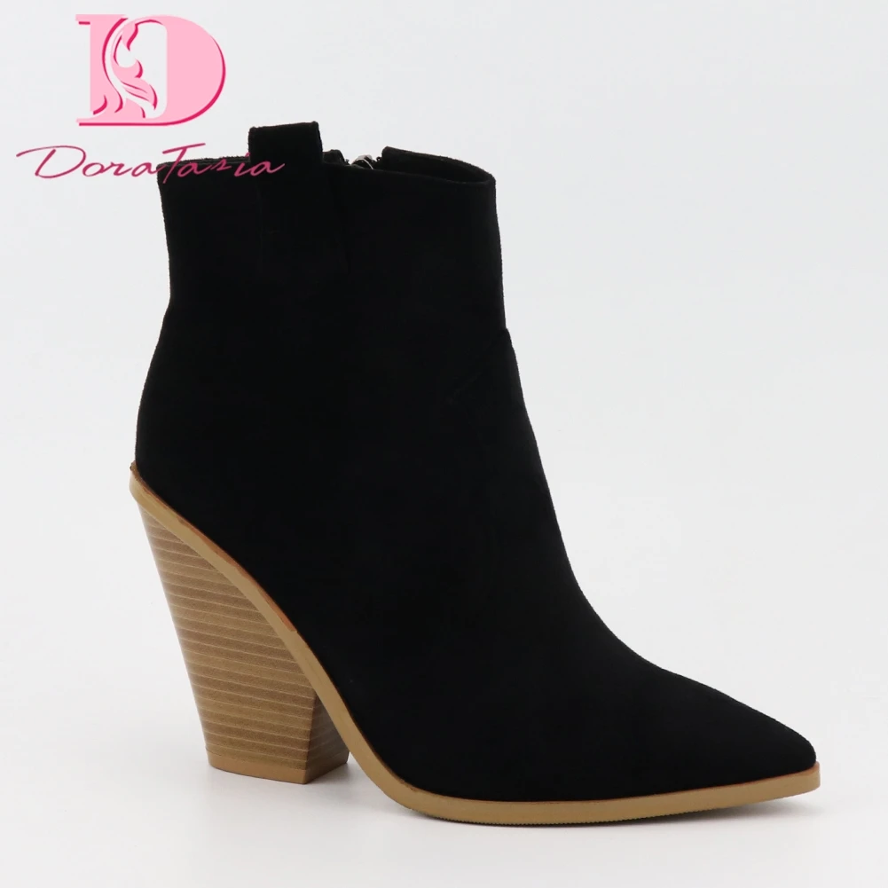 

2019 plus Size 34-43 black chunky Heels ankle Boots Women Shoes Slip On heeled pointed toe Western booties Shoes Woman