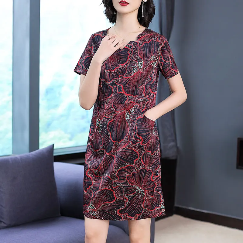 

Women Summer Dress Plus Size 4xl Large Retro T Shirt Dresses Print Floral Silk Robe Vestidos Woman Party Night Red Clothing