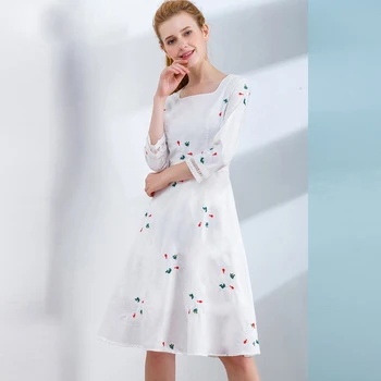 

HELIAR Women Autumn Spring White Embroidery Dresses Preppy Hollow Out Lace Belt Casual Flower Party Elegant Dress Lining S-XXL