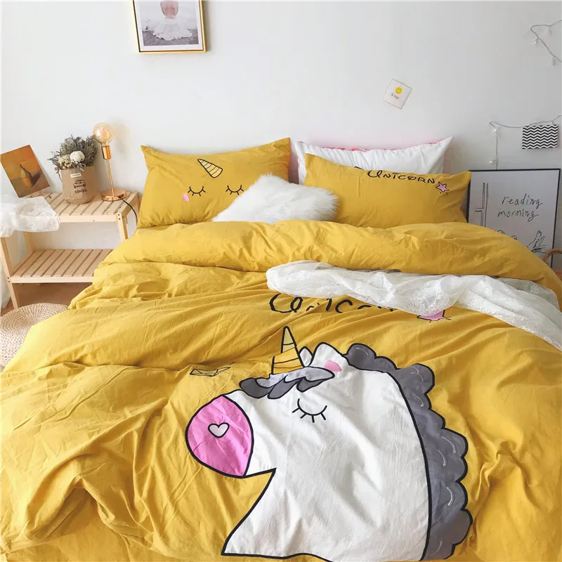 

Yellow Green Pink White Lovely Cartoon Unicorn 100% Washed Cotton Bedding Duvet Cover Bed sheet/Linen Pillowcases Gift For Child