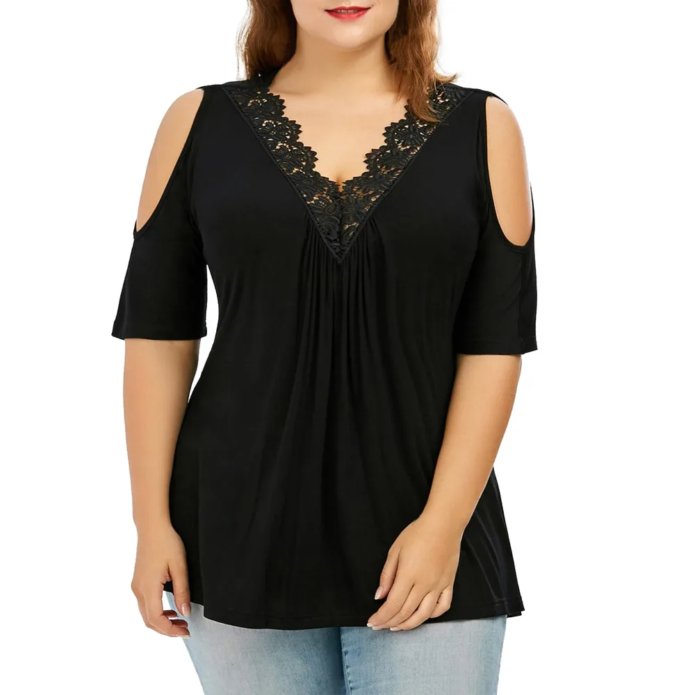 

Plus Size Cold Shoulder Women Blouse Sexy Lattice Lace Sleeve Hollow Out Patchwork Shirts Casual V Neck Autumn Tops Tee Big Size