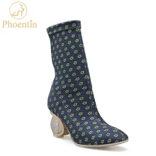 Phoentin slip on elástica mid-calf botas mulheres 2018 polka dot mulheres bota saltos de cristal botas femininas frete grátis FT481