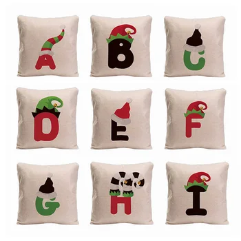 

Alphabet 26 Cartoon Letters Square Throw Pillow Cover Christmas Hat And Cane Sugar Cotton Linen Pillowcase Home Decor Sofa Gift
