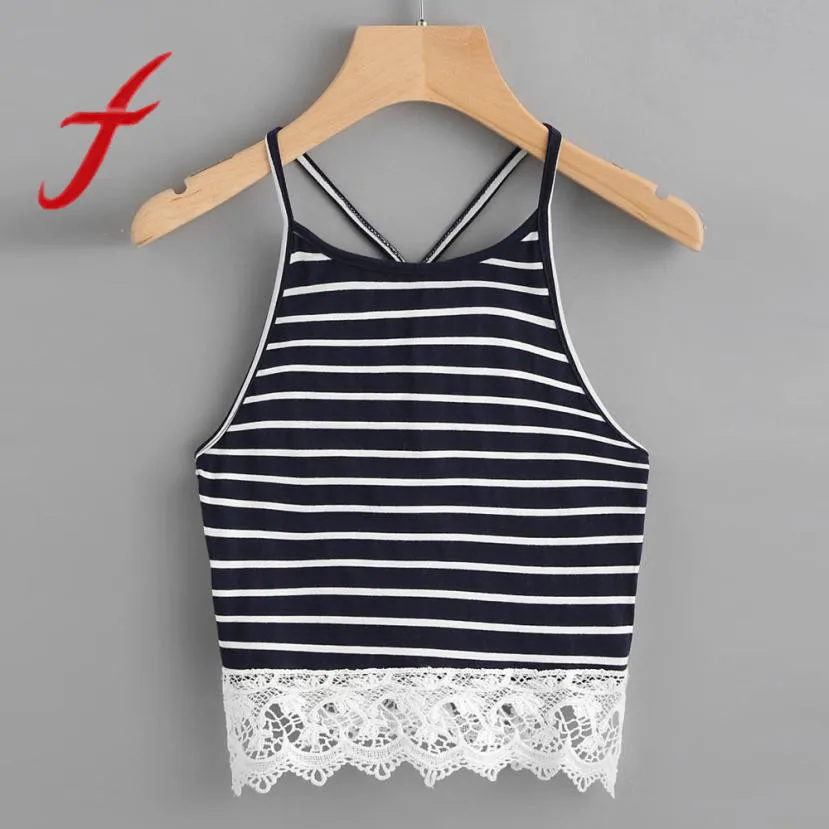 Feitong Women Sexy Crop Tops Casual Halter Striped Sleeveless Lace ...