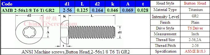 Титановые винты 2-56x1/8 кнопочная головка Torx T6 Драйвер Ti GR2 полированный 50 шт