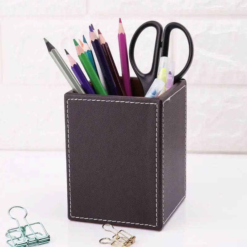 Leather Square Pen Pencils Holder Desk Stationery Organizer Box Storage