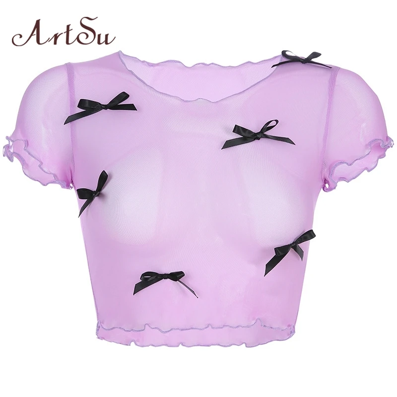 

ArtSu Sexy Transparent Woman Tshirt Top See Through Mesh Crop Top T Shirt Ladies Korean Kawaii T-shirt Women Summer ASTS20967
