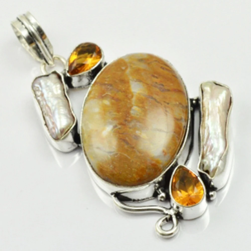 

Jaspers & Biwa Pearls & Citrines Pendant Silver Overlay over Copper , 60mm, P6399