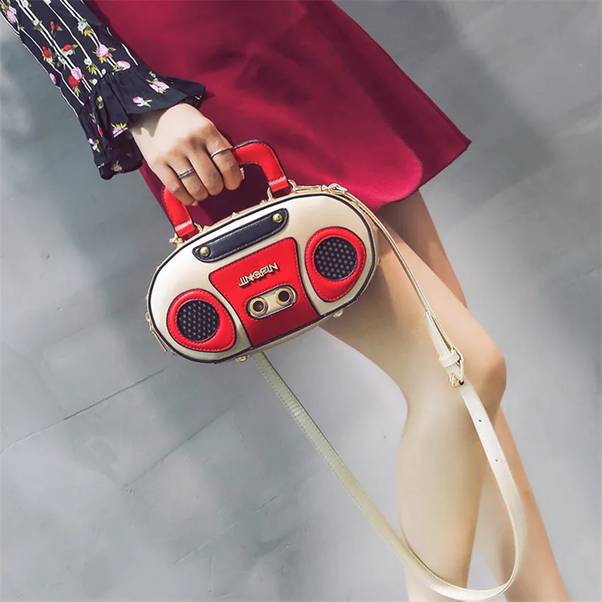 

Rock style Retro Radio Shape Handbags Women Shouder Bag PU Leather Women's Fashion 2019 Rivet Letter Bag Korea Punk Tote Bag
