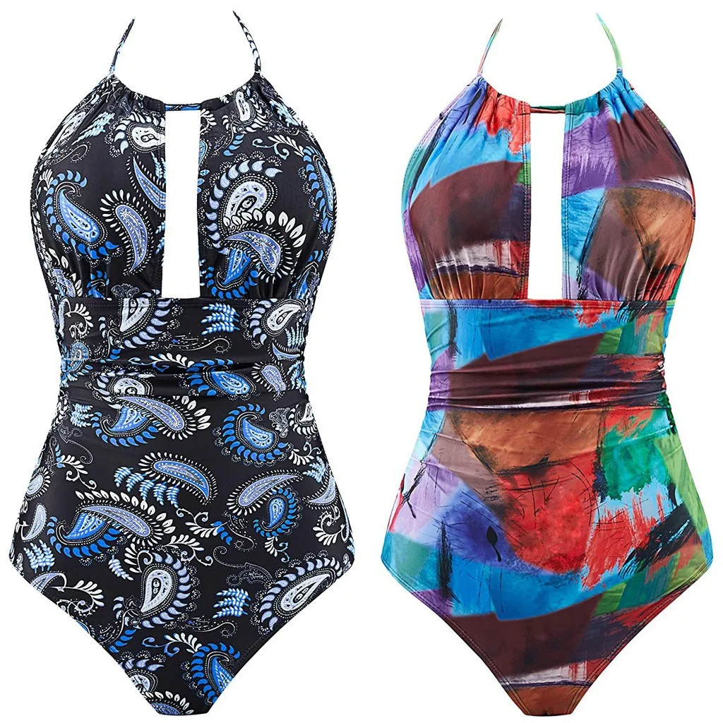 

mujer One Piece Swimsuits for Women Swimwear Plus Size Bathing Suits V Neckline Halter summer Beach stroje k pielowe damskie