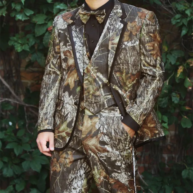 

New Camo Wedding Tuxedos 2019 Wedding Camouflage Suit Custom Made Slim Fit Mens Blazers Fashion Groom Wear(Jacket+Pant+vest+Bow)