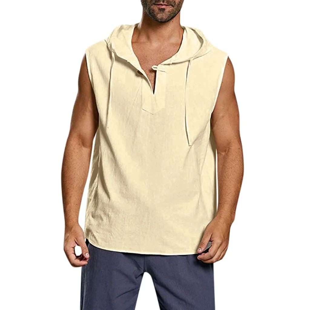 Men's Baggy Cotton Linen Solid Button Beach Sleeveless Hooded Shirt Tank Tops - Color: Khaki