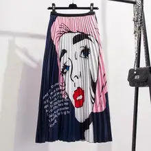 Высокая талия узкая юбка лето г. Европейский печати мультфильм шаблон высокая эластичность плиссированные High Street трапециевидной формы для женщи