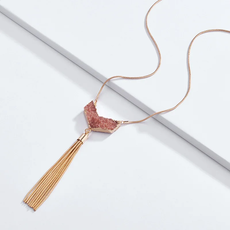 

2018 New Chevron Original Quartz Druzy Tassel Necklace for Women Fashion Long Necklace Pendant Jewelry Wholesale