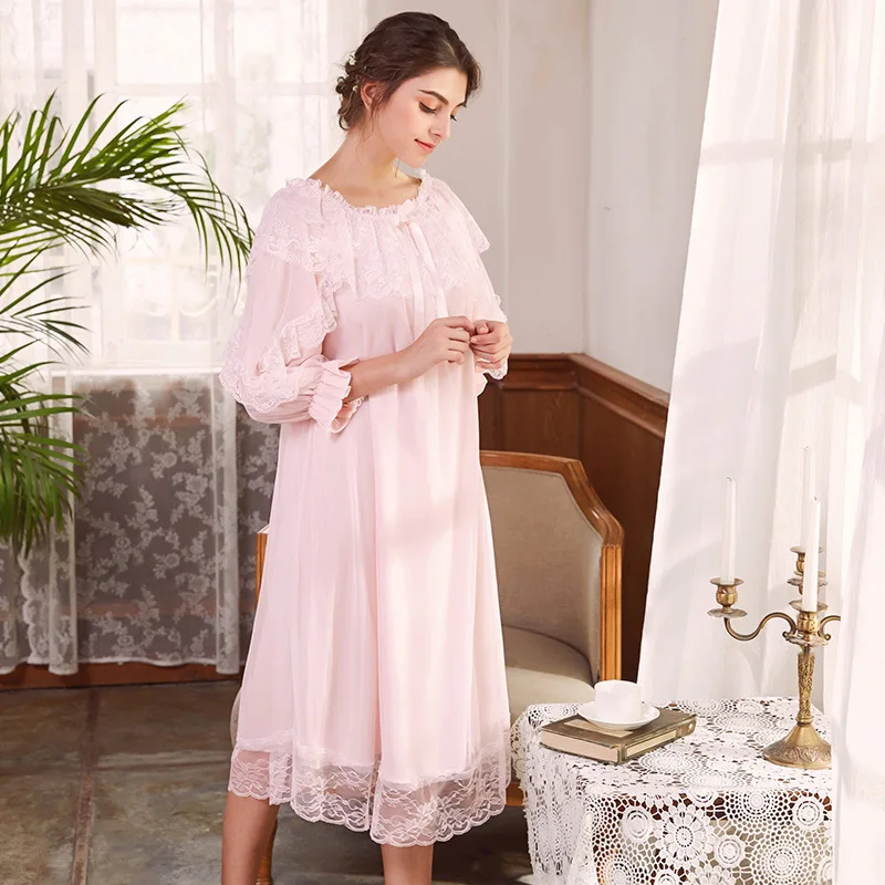 YSMILE Y Sweet Lace Nightgown Cotton Cute Beautiful Mesh Nightdress Slash Neck Princess Style 