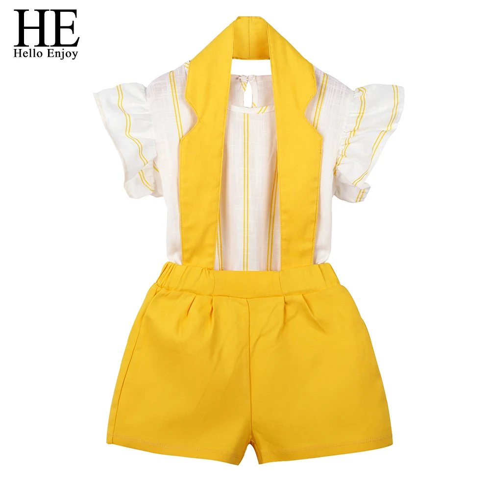 

HE Hello Enjoy Kids Clothing Sets Children Clothes Fashion Sleeveless Stripe Tops+Hanging Neck Straps Shorts 2PCS Girls Outfit