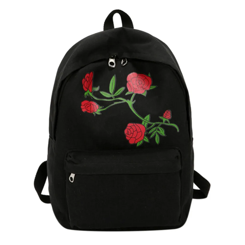 Preppy Canvas Rose Flower Embroidery Backpacks Women Casual Travel Bags