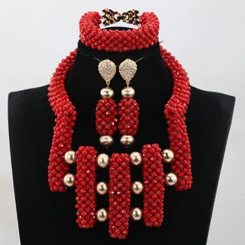 

Fashion Red Beads Bridal Jewelry Set Choker Bib Necklace Set for Women Dubai Gold Jewelry Set Free Shipping WE009